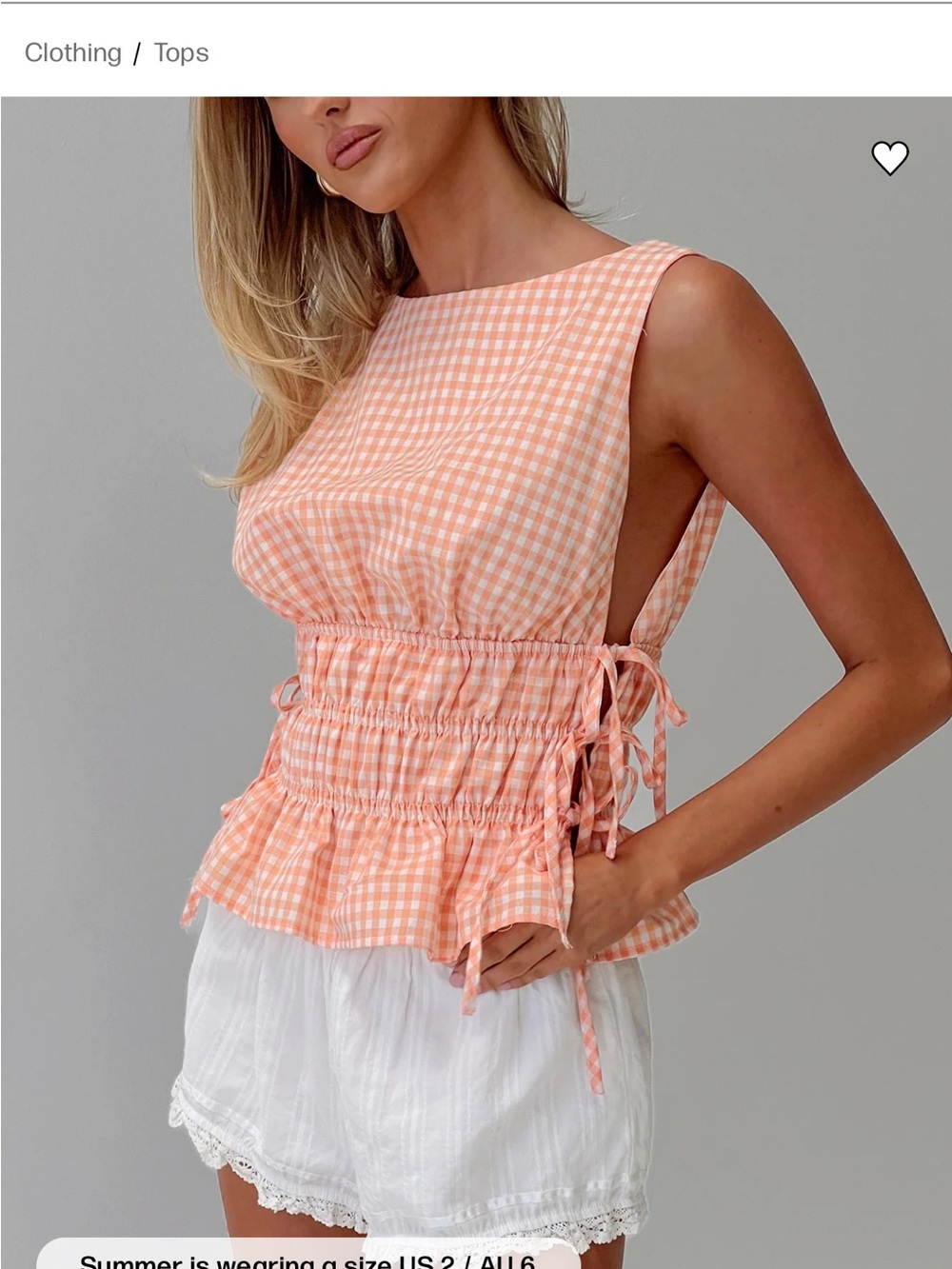 Princess Polly Peach Gingham Smocked Side-Tie Camisole